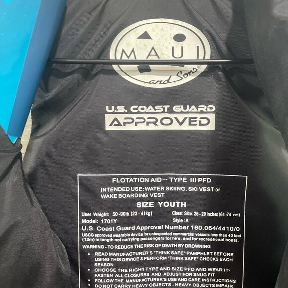 Maui and Sons Life Vest Water Skiing Wake Boarding USCG Blue Youth 50-90lbs - Picture 4 of 4